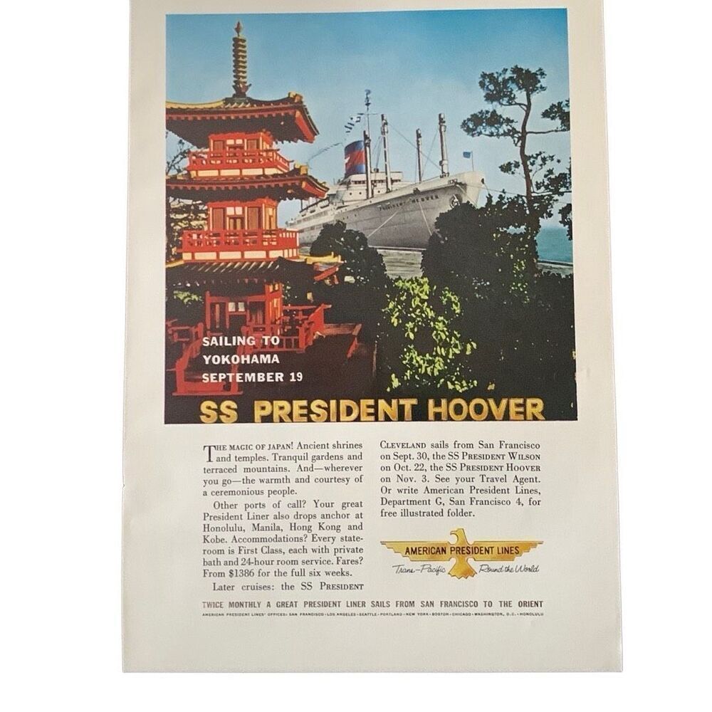 Vintage 1969 American President Lines SS President Hoover Yokohama Ad Advertisem
